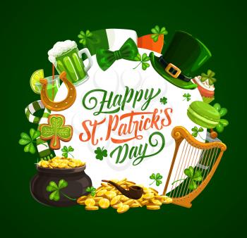 Leprechaun green hat, pot of gold and St Patrick shamrock leaves vector frame of Irish holiday greeting card design. Lucky clover, golden coins of celtic elf treasure, horseshoe and flag of Ireland