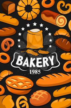Bakery shop poster, bread, pies or bagels and buns. Vector premium quality baker shop stars and flour bag with wheat spiklet, rye bread pies, sweet dessert croissants and baguettes