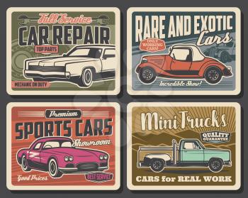 Car repair and mechanic maintenance service retro posters. Vector vintage cars parts shop and rare vehicles showroom museum, trucks rental and sport carts diagnostics, repair and tuning garage station
