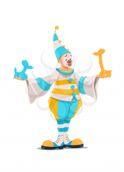 Clown with balloon animals, circus and funfair carnival cartoon character, vector icon. Clown in white, yellow and blue stripes costume with pom-pom holding balloon dogs