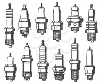 Spark plugs types, car ignition system and spark-ignition engine spare part. Vector isolated vehicles parts, auto service, mechanic garage and automotive maintenance symbols