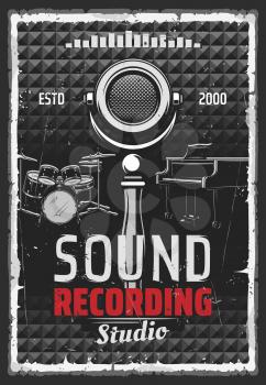 Sound recording studio vintage retro poster, professional DJ sound mastering equipment, vocal school. Vector singer microphone, music producer station, acoustic percussion drum, piano and equalizer