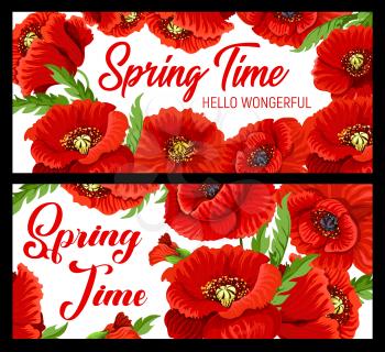 Hello spring vector banners with poppy flowers frame. Spring time season holiday celebration, blooming flowers and red petals bouquet