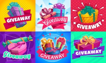 Giveaway gift boxes, promotion contest and competition free prizes, vector posters. Holidays and shopping giveaway gifts promo for wedding, Valentine day and Christmas