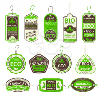 Bio food labels, eco organic gluten free natural product, vector tags with strings. Natural green vegan food, 100 percent genuine premium quality and eco certification warranty labels