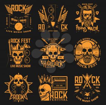 Hard rock festival, heavy mental band concert vector icons. Skull with horns and beard in crown, crossed rock guitars, drums and fire flames with lighting, hard rock fest music show fest signs