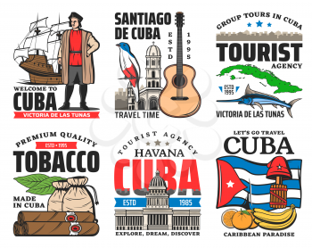 Cuba travel and tourism vector icons. Cuban flag, map and island travel landmark, Havana cigars and tobacco leaves, caribbean banana and oranges, guitar, marlin and Columb, trogon, liberty cap