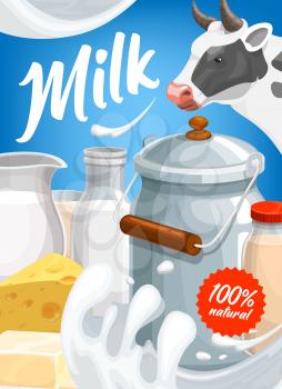 Dairy farm milk food products, vector poster with milk splash on blue background. Cattle farm cow farming, natural organic milk in pitcher glass jug and can, yogurt, butter and cottage cheese