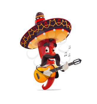 Mexican red chili pepper mariachi character in sombrero playing the guitar. Isolated cartoon vector jalapeno for Mexican holiday celebration. Red pepper with mustaches, mariachi guitarist musician