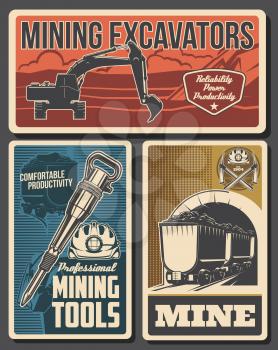 Mine industry vector design of coal mining equipment and miner tools. Hard hat, pickaxes, excavator and pneumatic coal hammer, helmet, headlamp, mine trolley with black mineral rocks or iron stones