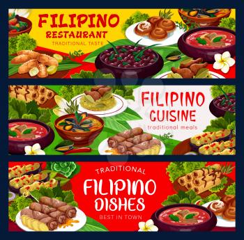 Filipino cuisine banners, national food dishes and meals. Ensaimada, adobo with chicken, mussels in coconut sauce, kidney beans. Filipino restaurant vector menu with meat, vegetables and desserts