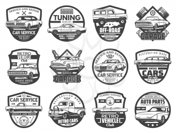 Car auto service isolated vector icons set, monochrome retro vehicles repair, vintage mechanic garage signs. Auto maintenance, off-road, car spare parts shop, engine restoration and motor tuning
