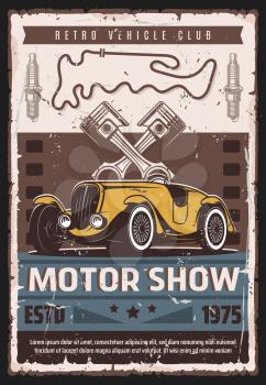 Motor show car race retro poster. Vector vintage cars and retro vehicle club rarity museum exhibition. Motor show card with old classic automobile, route map and spark plugs, mechanic garage