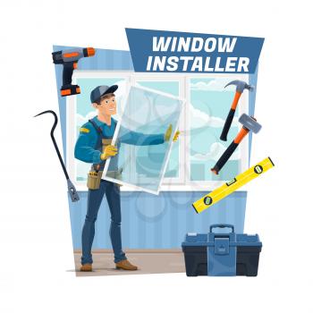 Window installer worker in unoform with hand tools install glass frame in house. Vector electric drill, hammer and ruler level tools, toolbox. Home windows installation service