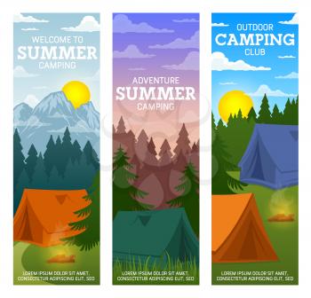 Summer camp vector banners, camping adventure club with tents and campfire on mountain and forest landscape background. Hiking, climbing and trekking outdoor tourism activity