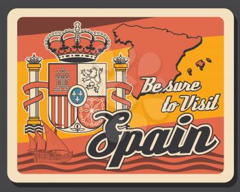 Travel to Spain retro poster with map and coat of arms in colors of Spanish flag. Vector heraldic lion, castle, crown of Aragon and cross with chains on shield with fleur-de-lis, Spain crown, columns