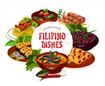 Filipino dishes vector frame. Asian cuisine food lump with meat, eggplant thalong, bicolar express, Filipino kidney beans, lumpia and mussels in coconut sauce, adobo with chicken isolated, round frame