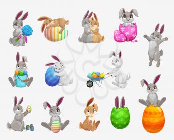 Easter bunny and rabbit with egg vector icons set of religion holiday and egghunting design. Cute cartoon hare animals with spring flower bouquet, Easter painted eggs, egghunting basket, wheelbarrow