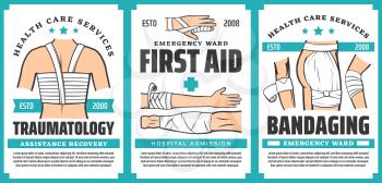 First aid and trauma bandaging posters. Vector hospital admission, assistance recovery, arm, finger, chest and buttock bandage. Traumatology injury first aid, ambulance medical health care service