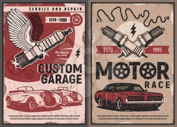 Auto repair service, car motor race vintage vector posters. Old vehicles with winged spark plug, retro car racing, diagnostics and maintenance, mechanic garage station and restoration work