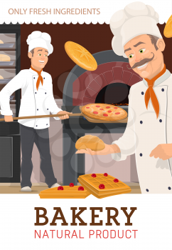 Chefs bakers make bread and pastry production in bakery shop. Cartoon vector characters in white cook uniform and toque put pizza for baking to kitchen oven, cooking patisserie cakes, waffles and buns