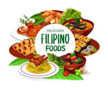 Filipino asian cuisine, dishes food frame. Lump with meat, eggplant thalong, bicolar express, Filipino lumpia and mussels in coconut sauce, adobo with chicken and ensaimada vector round frame