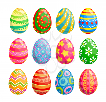 Easter egg isolated icons of religion holiday and egghunting vector design. Spring season painted eggs, decorated with colorful pattern of flower, stars and hearts, ornaments of stripes and dots