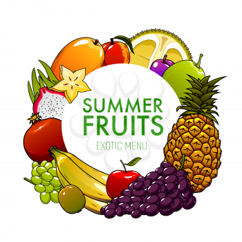 Exotic fruits vector icon of tropical pineapple, mango and banana, apple, green and blue grapes, durian, kiwi and plum, carambola and dragon fruit. Berries frame, natural juice and food menu design