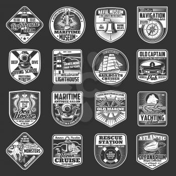 Nautical badges with vector sea ship anchors, ocean sailboats and marine ropes, helm, navigation compass and lighthouse, captain hat, bell and diver helmet, sea turtle and octopus. Maritime emblems