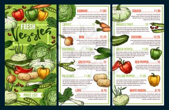 Vegetables price list vector template of farm food sketches. Bell pepper, carrot and cabbage, zucchini, onion and beans, cucumber, kohlrabi and potato, green pea, leek and squash, farmer market design