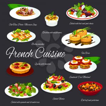 French food dishes of vector foie gras, cheese, olives, vegetables and tuna fish salads, egg sandwiches and crepes, mushroom casserole gratin and chicken soup, tomato pie quiche. Restaurant menu