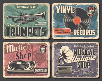 Trumpet and trombone vector brass music instruments, vinyl records and players, musical notes, loudspeaker, vintage gramophone and treble clef. Brass music school and musical shop retro posters design