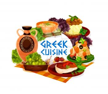 Greek cuisine vector icon of seafood and meat dishes, served with olives and wine. Shrimp risotto, baked fish, chicken stew with mashed potato and lentil cream soup with green salad leaves and herbs