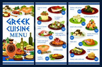 Greek restaurant menu vector template of feta, olive and vegetable salad, seafood risotto and meat pie. Cheese and eggplant rolls, moussaka, fish and dolma, squid, meatballs keftedes and honey cake