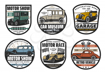Retro car and vehicle spare part vector badges of auto service, motor race, mechanic garage and vintage automobile museum. Cars with engine pistons, wrench and spanner, spark plug and racing flags