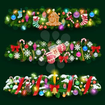 Christmas garland vector design of Xmas tree, New Year gifts and snow, bell, red ribbons and bows. Pine and holly berry borders with candy canes, snowflakes and calendar, gingerbread, socks and balls