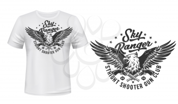 Eagle, sky rangers and gun shooters club vector T-shirt print template mockup. Hunt club sign of bald eagle or falcon hawk with crossed pistol or revolver guns weapon and stars