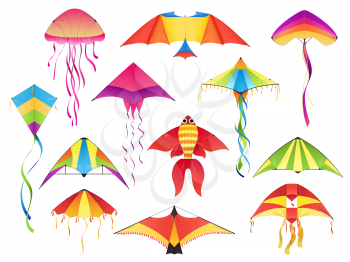 Flying paper kites, vector icons. Kitesurfing festival different shapes of paper kites, bird wings, fish and jellyfish with color threads, Indian Makar Sankranti holiday symbols