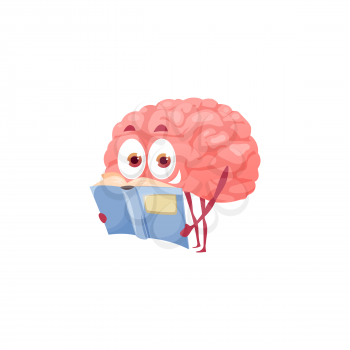 Brain emoticon reading book, mental health, development of creativity, thinking and patience isolated flat cartoon character. Vector mind developing memory, intelligence and brainpower, genius mascot