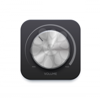 Metallic music sound round knob button. Volume audio stereo system vector 3d design element for mobile application or website ui graphic. Min or max level audio player app isolated icon
