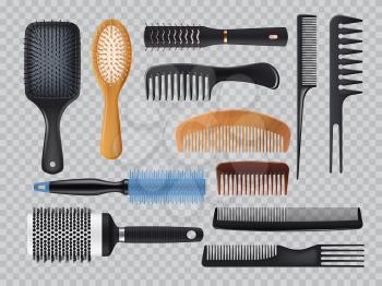 Hairbrush and combs realistic vector fashion equipment for hair care set isolated on transparent background. Different types of 3d combs, professional hairdresser accessories for beauty and styling