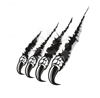 Dragon claw marks scratches, monster fingers with long nails tears through paper or wall surface. Vector monochrome wild animal rips, isolated paw sherds, beast break, four talons attack traces