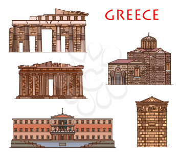 Greece architecture and Athens buildings, vector Greek travel landmarks. Greece antique Parthenon, parliament House of Athens, Saint Nicholas church, ancient winds tower and Propylaea gates monument