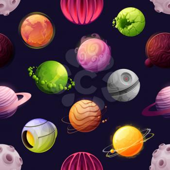 Cartoon space futuristic planets and stars seamless pattern. Vector asteroids, fantastic cosmic alien world. Galaxy objects, planets with rings, craters and glowing lava surface, astronomy background