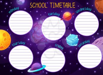 Space timetable with galaxy stars and planets. Vector schedule template, cartoon school time table with cosmic objects in Universe. Education kids week planner for lessons with alien fantasy world