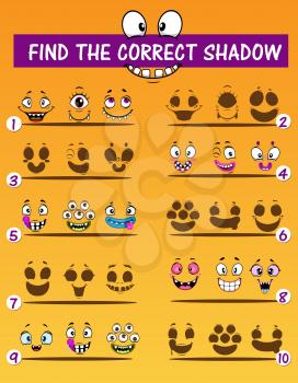 Shadow matching children game with monster emoticons. Vector education puzzle of find the correct shadow template design with funny cartoon emojis of vampire, alien and cyclop, ogre and mutant