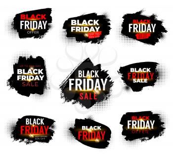 Black friday sale banners, weekend shop offer and promo labels with halftone. Isolated grunge vector emblems with black rough scratched edges and dotted half tone pattern. Grungy dirty promotional set