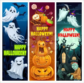 Happy Halloween cartoon vector banners. Ghosts in witch in purple hat holding sword , Jack-o-lantern pumpkins and spooky zombie at haunted creepy castle or cemetery at night. Trick or treat sweets