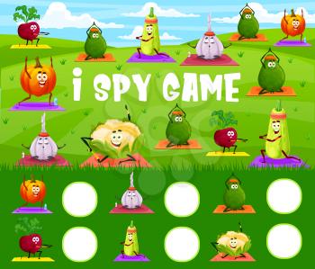 I spy game, cartoon vegetables on yoga or pilates fitness, vector kids tabletop puzzle. Find and match correct carrot, tomato and pepper on yoga mat and garlic in meditation, board game riddle