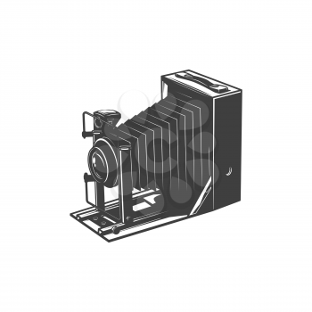 Unfolded vintage camera, photo-camera photography making device isolated monochrome icon. Vector old photocamera, photography shooting equipment, folding cam in retro style, manual camera